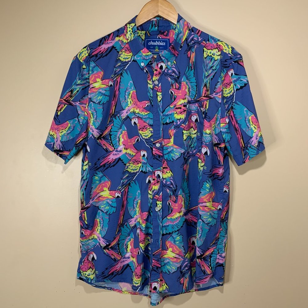 Chubbies Purple Tropical Bird Floral Parrots Hawaiian Men’s Shirt Large